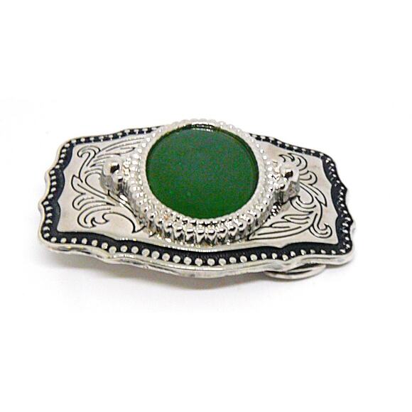 Unbranded Other - Belt Buckle Green Stone Silver Tone Setting Unisex Scroll Design USA Vintage